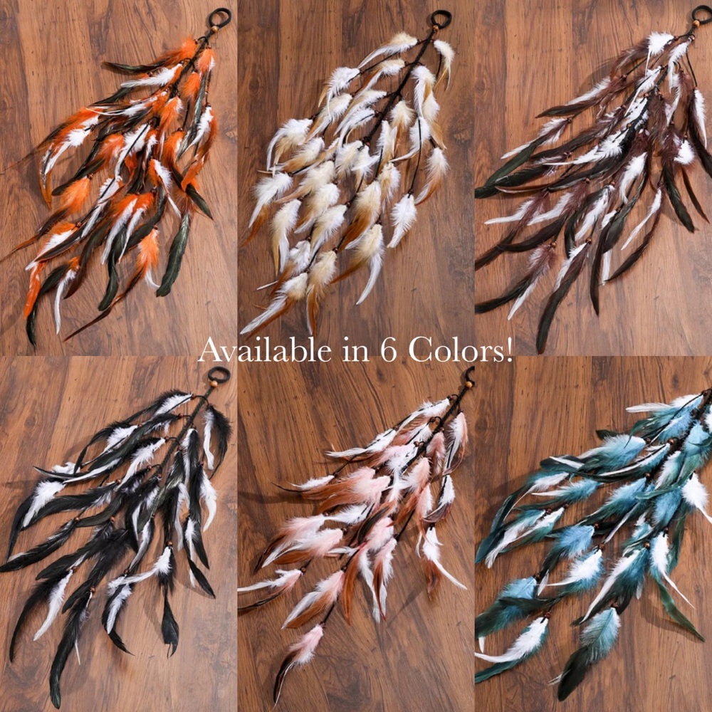 Boho Blue and White Long Feather Elastic Hair Tie - Picture 14 of 14